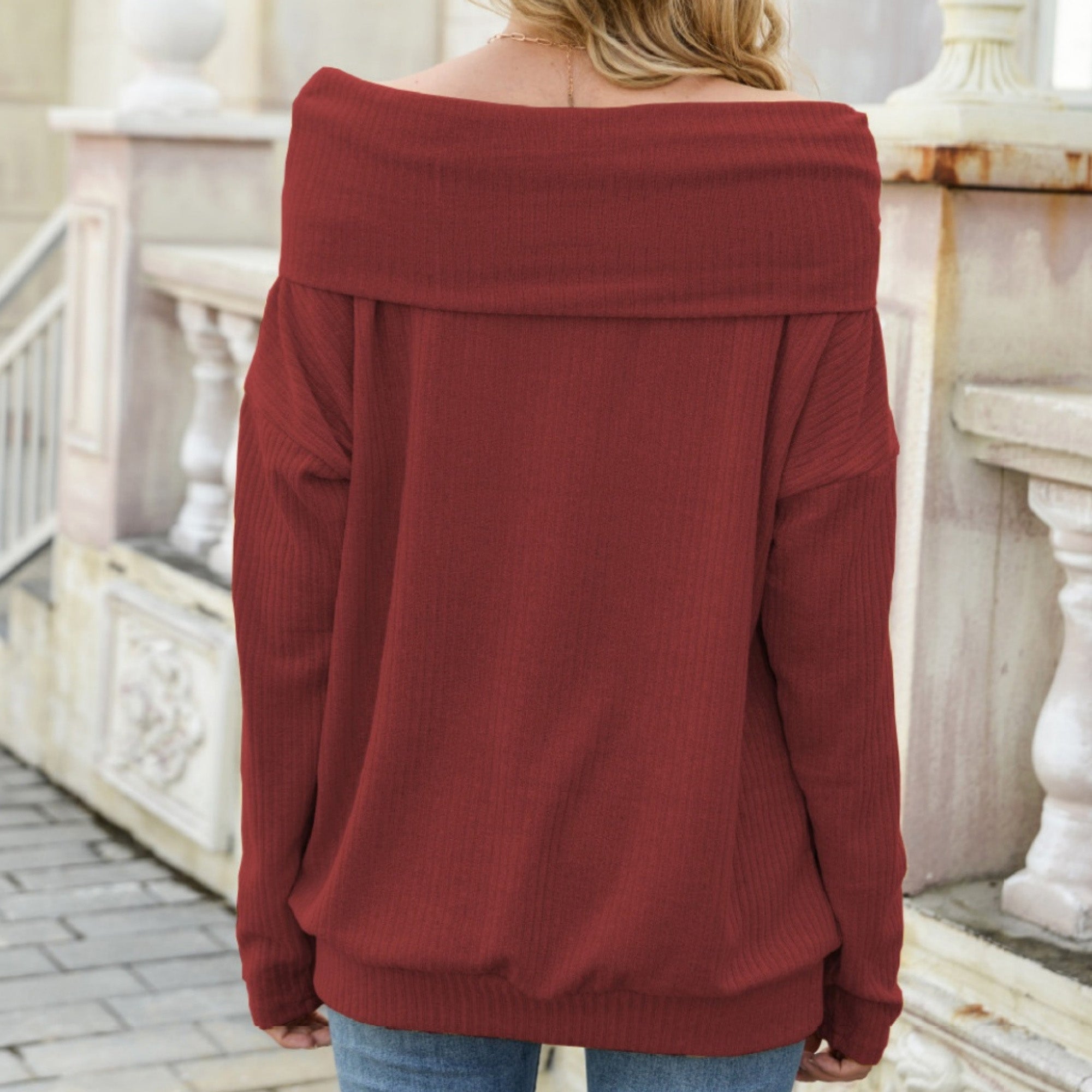 Off Shoulder Ribbed Knit Long Sleeve Pullover Top