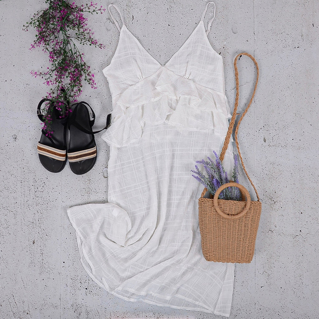 Sleeveless V-Neck Midi Dress with Layered Ruffle Detail and Flowy Skirt
