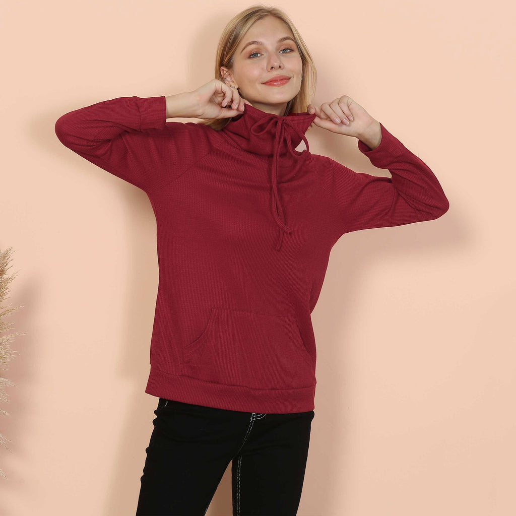 Waffle Knit Cowl Neck Pullover
