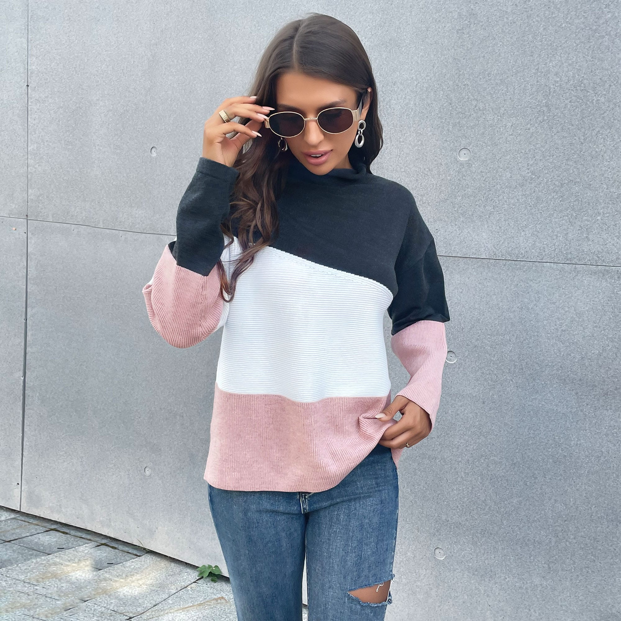 Color Block Mixed Texture Sweater
