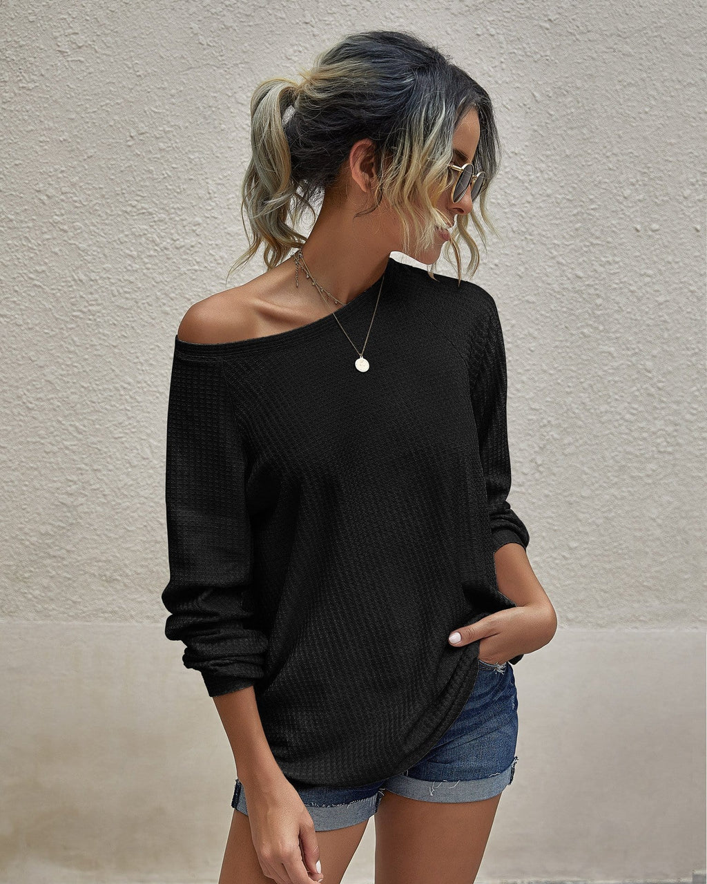 Waffle Knit Raglan Sleeve Sweater
