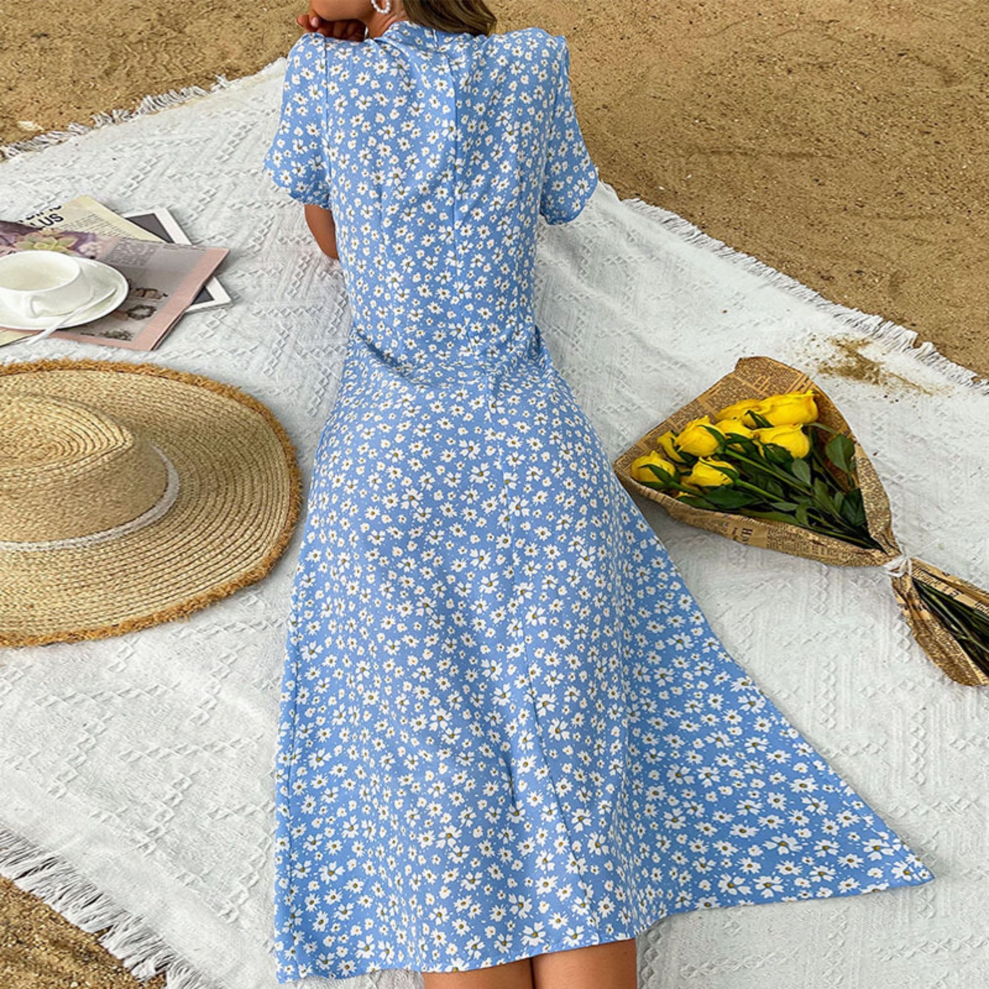 Short Sleeve Floral Button Front Maxi Dress with V-Neckline and Side Slit