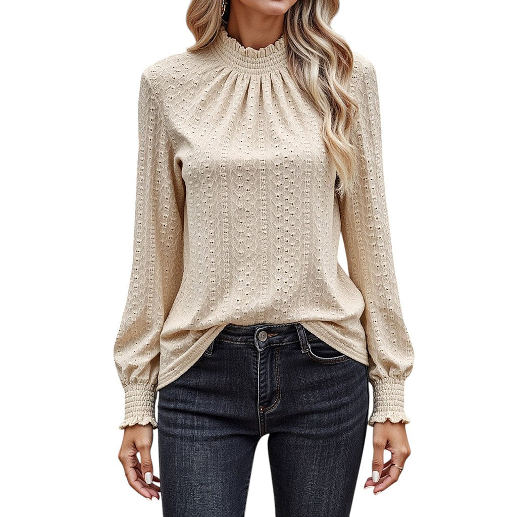Long Sleeve Textured Blouse with Smocked High Neckline and Cuffed Sleeves