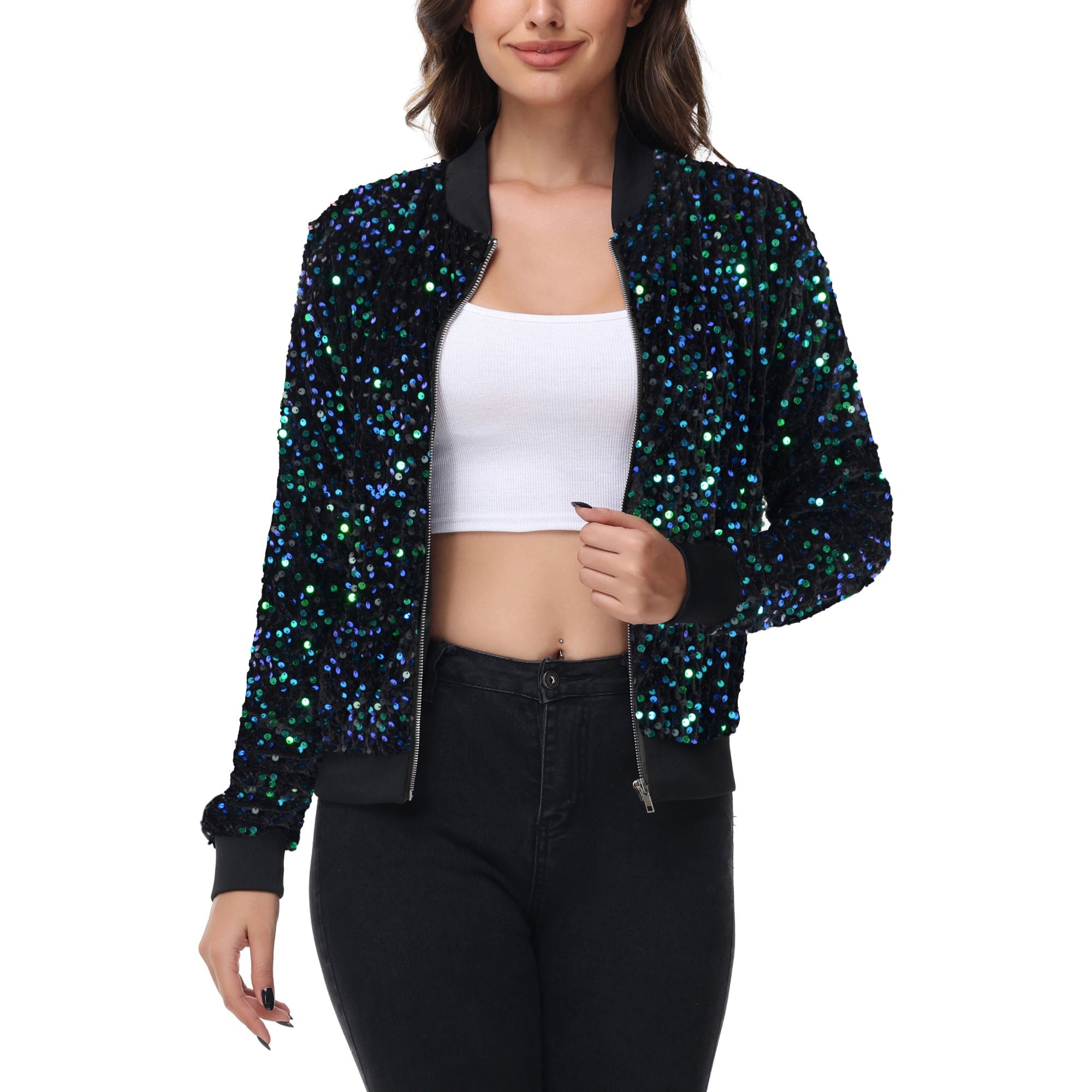 Sequin Bomber Jacket Zip Front Ribbed Cuffs and Hem Pockets