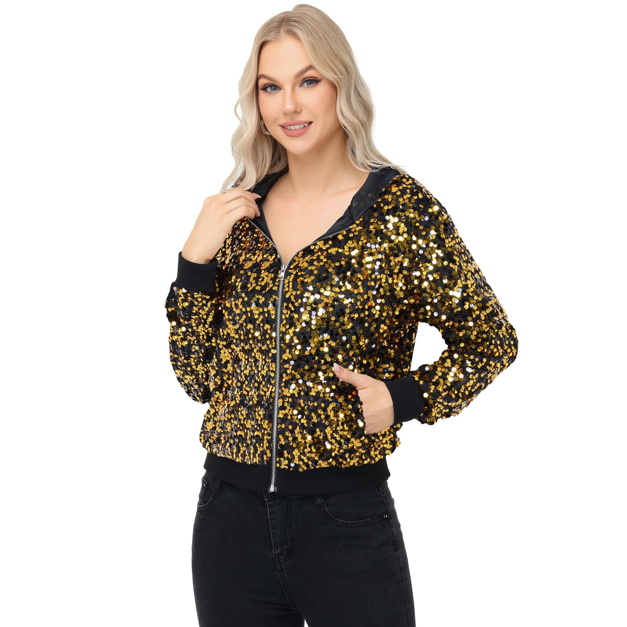 Zip-Up Hoodie Jacket with Allover Sequin Embellishments and Ribbed Trim