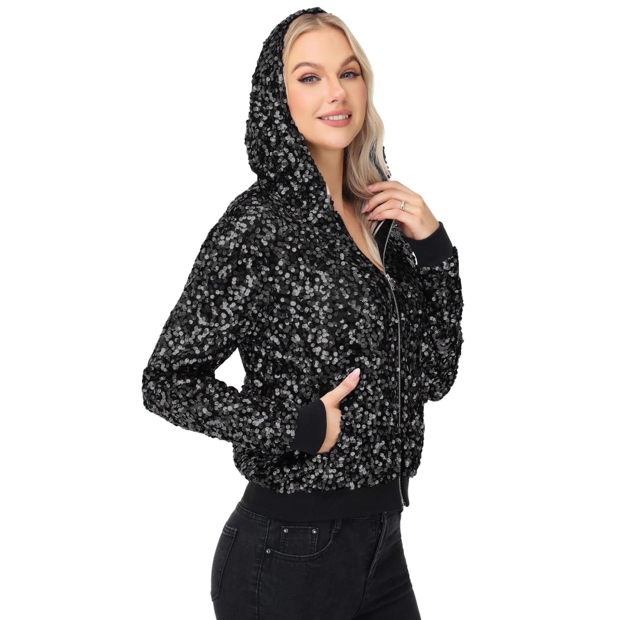 Zip-Up Hoodie Jacket with Allover Sequin Embellishments and Ribbed Trim