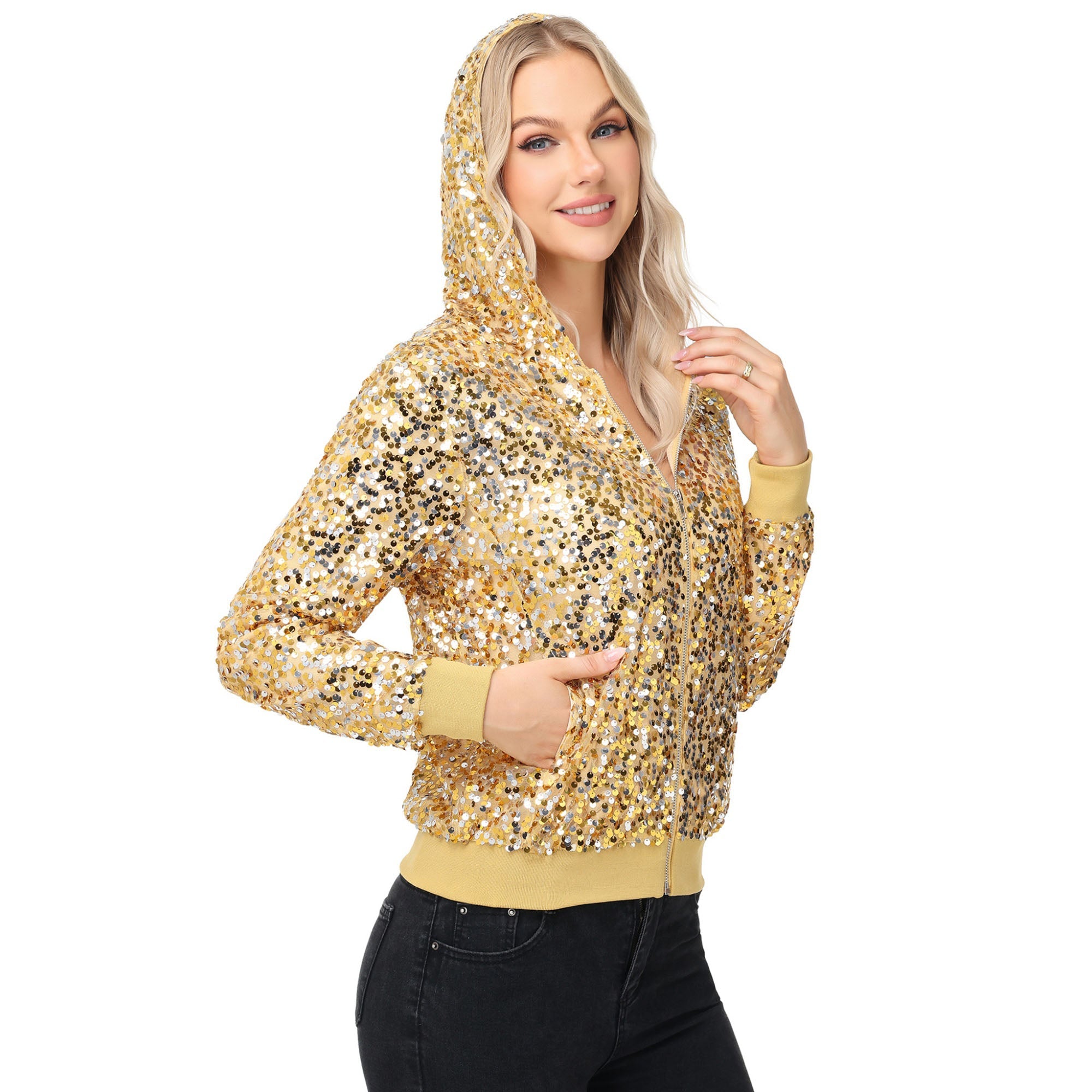 Zip-Up Hoodie Jacket with Allover Sequin Embellishments and Ribbed Trim