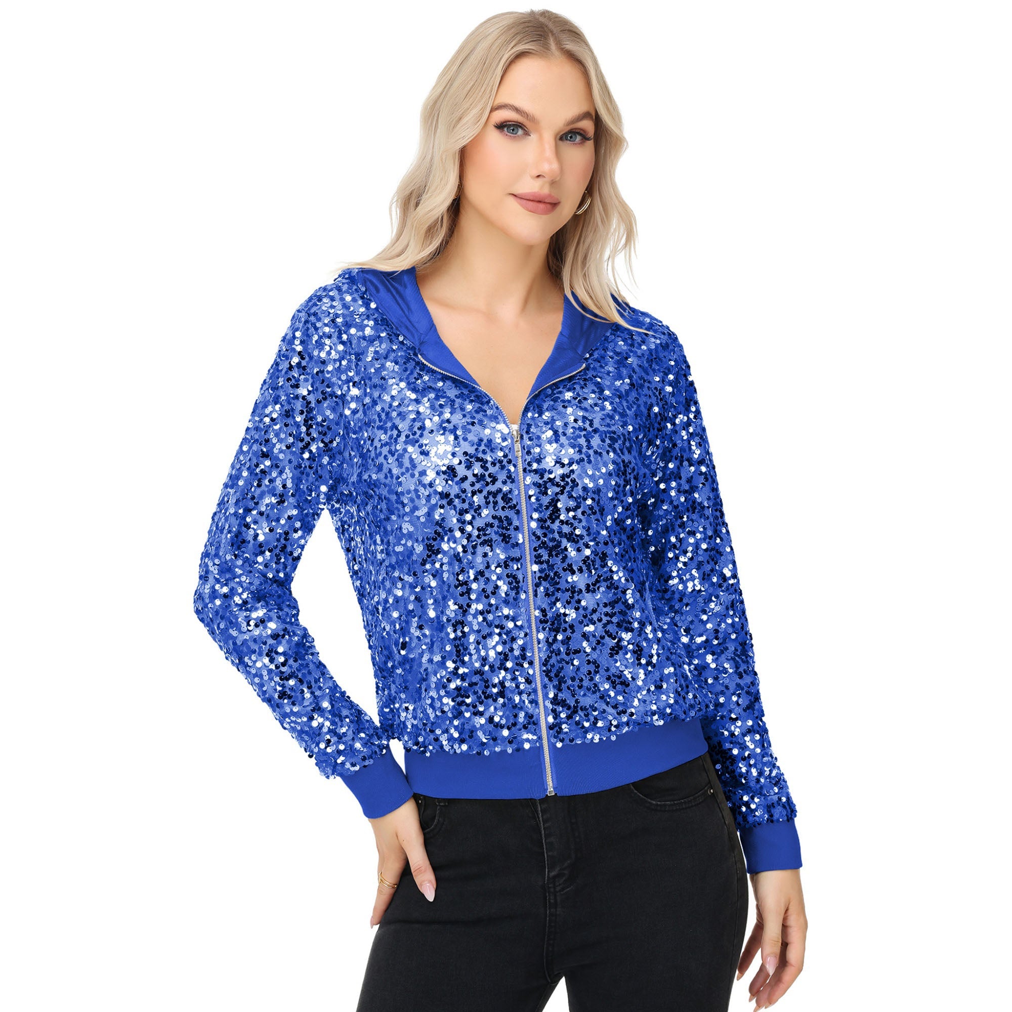 Zip-Up Hoodie Jacket with Allover Sequin Embellishments and Ribbed Trim
