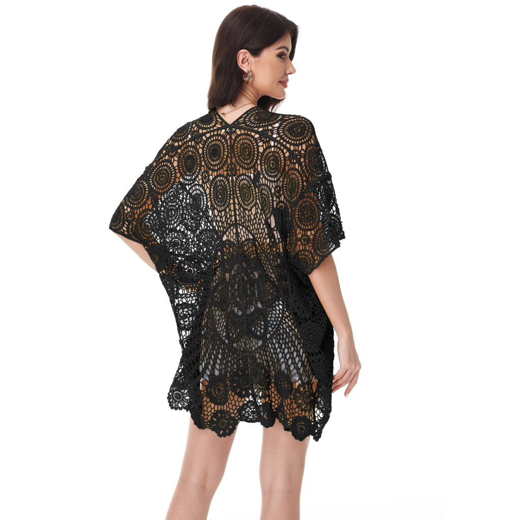 Open Front Crochet Cover-Up with Floral Pattern and Short Sleeves