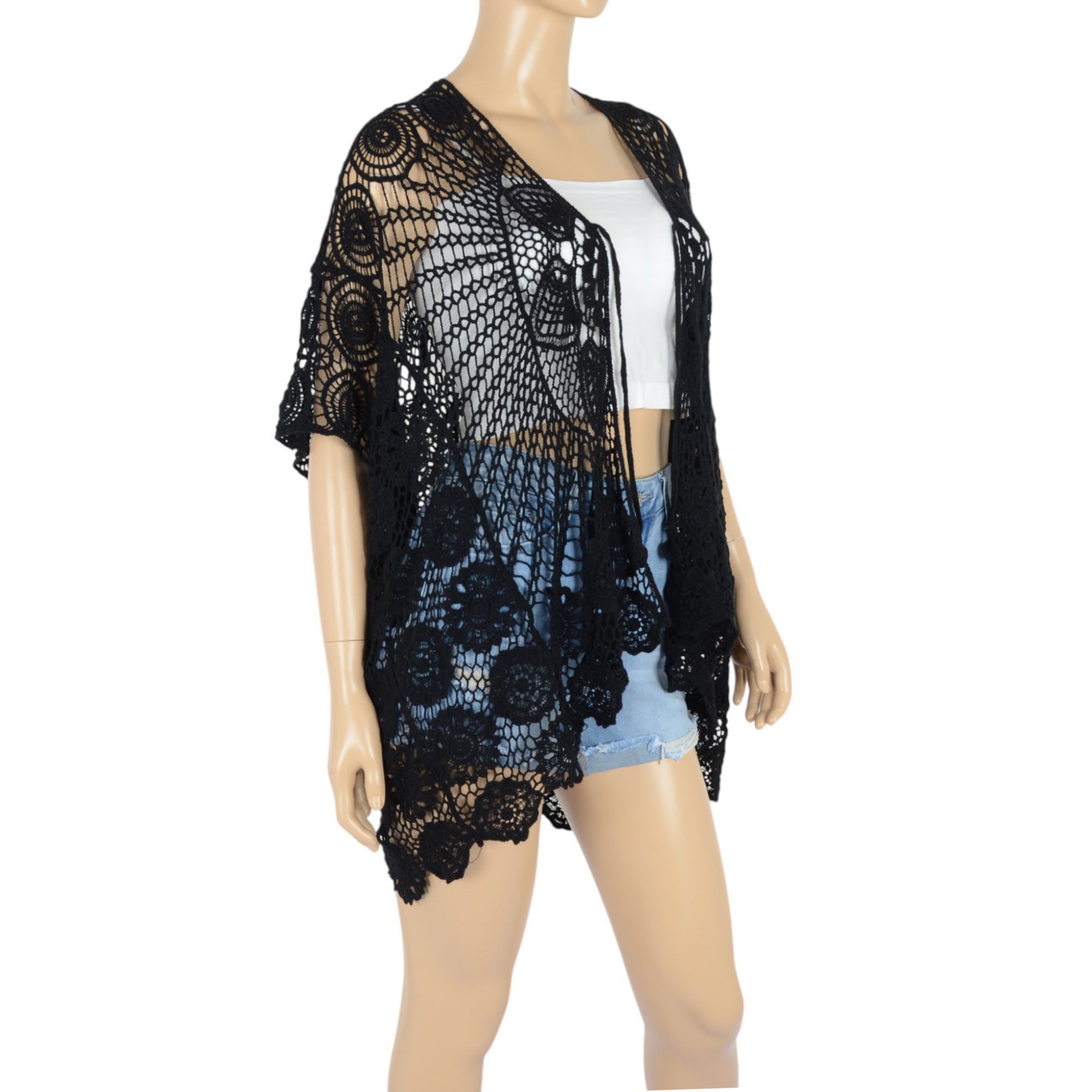 Open Front Crochet Cover-Up with Floral Pattern and Short Sleeves