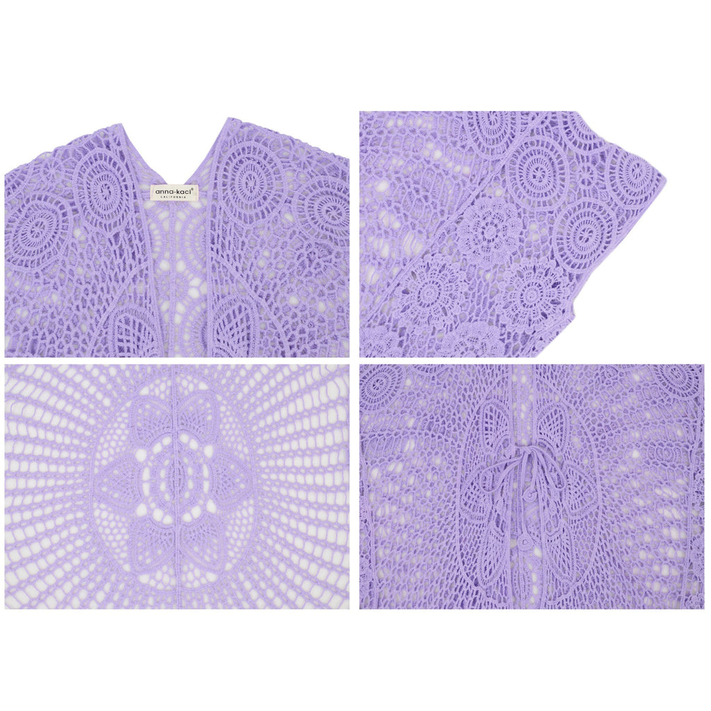 Open Front Crochet Cover-Up with Floral Pattern and Short Sleeves
