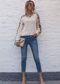Leopard Panel Waffle Knit V Neck Sweater