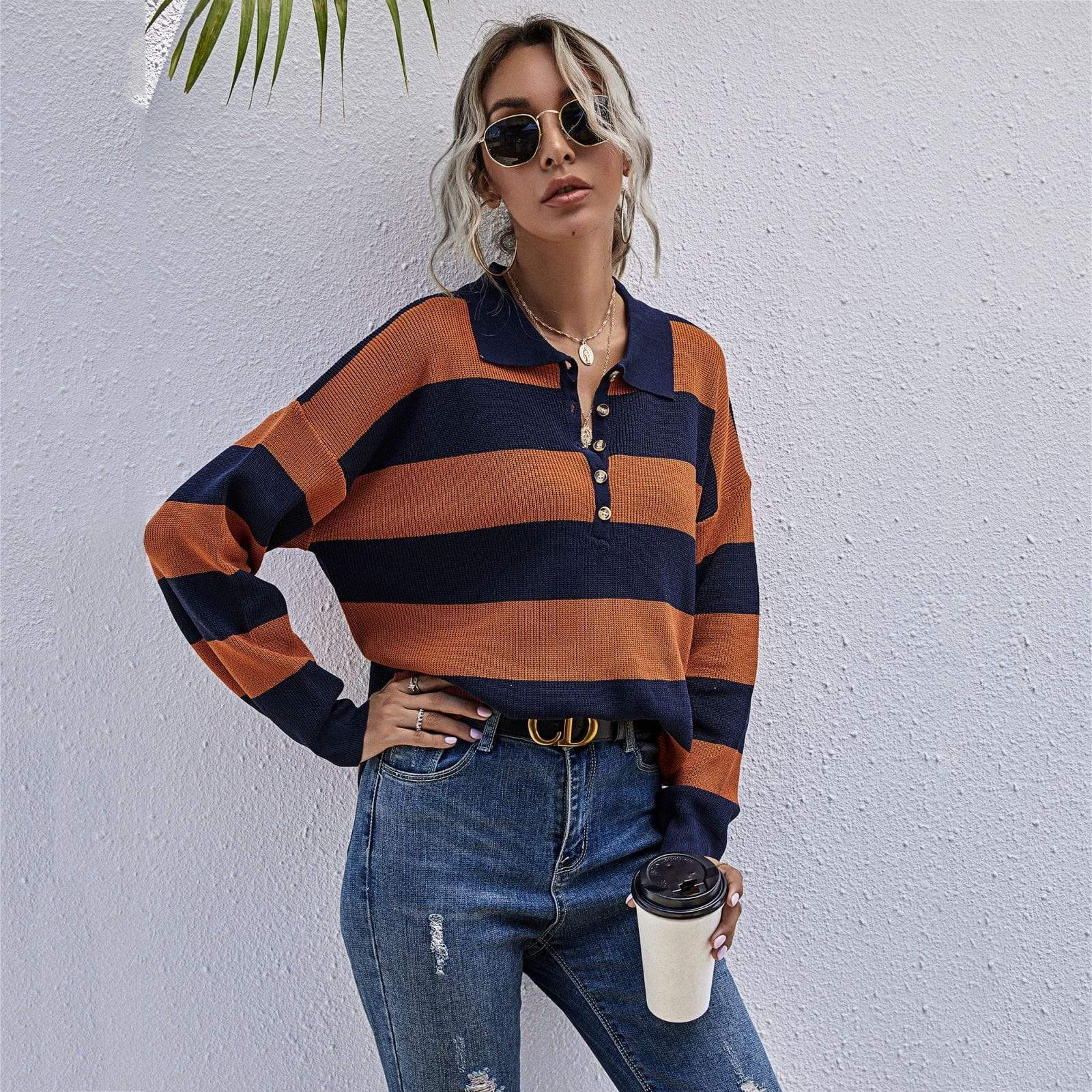 Half Placket Striped Sweater