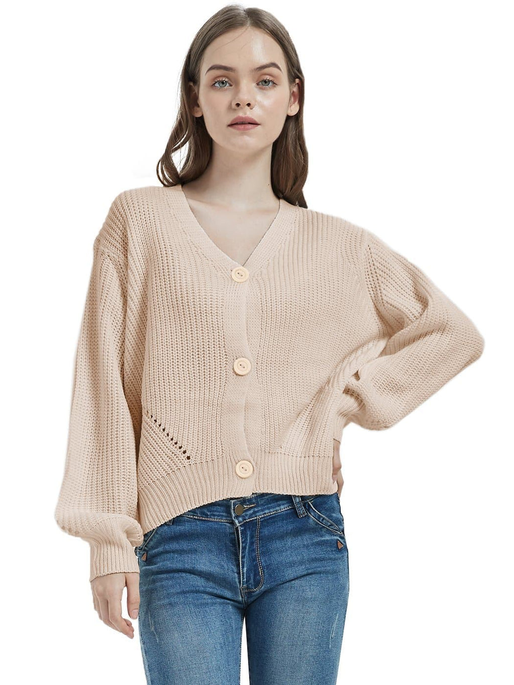 Women Lantern Sleeve Cardigan Button Down Open Front Knit Sweater Coat